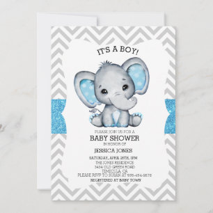 Convite Chá de Bebê Blue Elephant Glitter Chevron