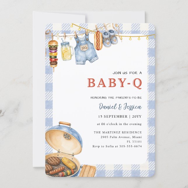 Convite Chá de Bebê Blue Gingham Backyard Baby Q (Frente)