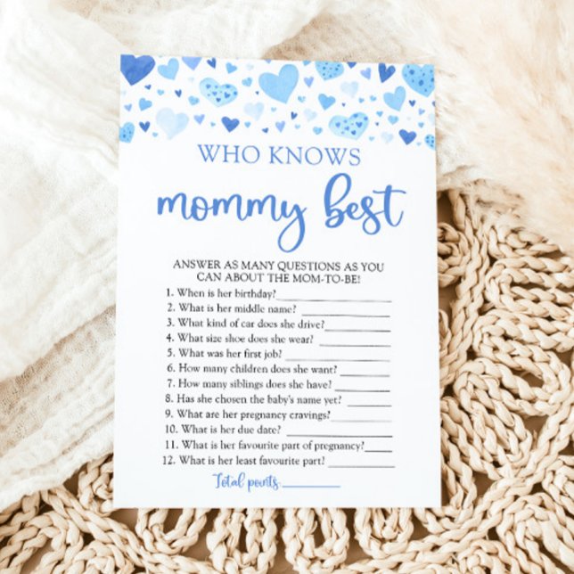 Convite Chá de Bebê Blue Valentine Quem Conhece Melhor a M (Watercolor Cute Blue Hearts Valentine Sweetheart February Boy Who Knows Mommy Best Baby Shower Game)