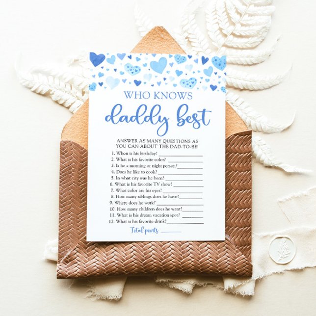 Convite Chá de Bebê Blue Valentine Quem Conhece Melhor o P (Watercolor Cute Blue Hearts Valentine Sweetheart February Boy Who Knows Daddy Best Baby Shower Game)