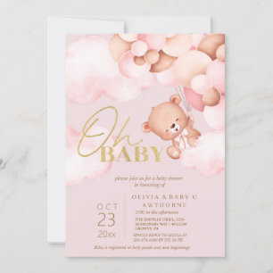 Convite Chá De Bebê Blush Bear Balões Rosa