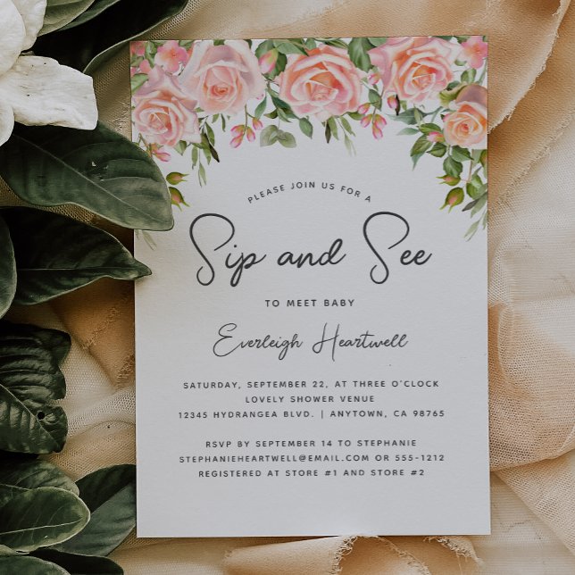 Convite Chá de Bebê Blush Rose Floral Greenery Sip and See (Criador carregado)