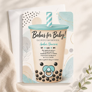 Convite Chá de Bebê Boba Azul-Adoceado Pérola Pequena Bolh