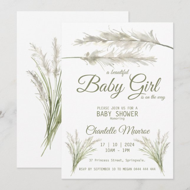 Convite Chá de Bebê Boêmio Moderno com Grama Pampas Boho (Frente/Verso)