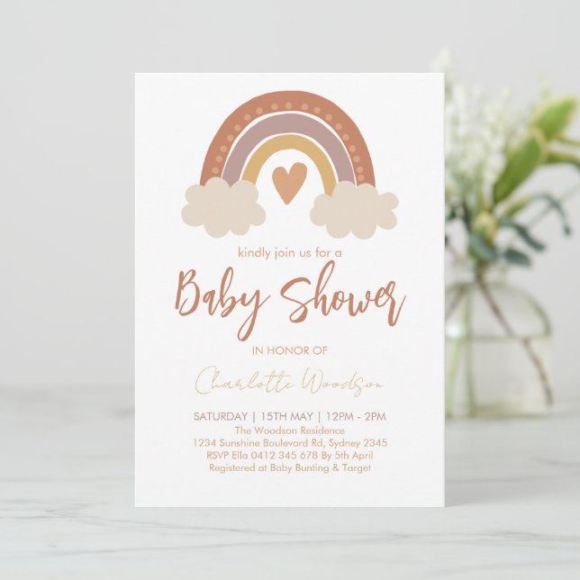 Convite Chá de Bebê Boho Aquarela Arco-íris (Em pé/Frente)