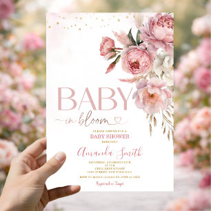 Convite Chá de Bebê Boho Baby In Bloom Rosas Cor-de-Rosa F