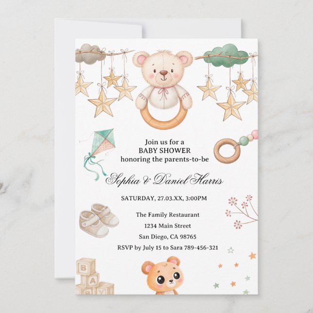 Convite Chá de Bebê Boho Bear (Frente)