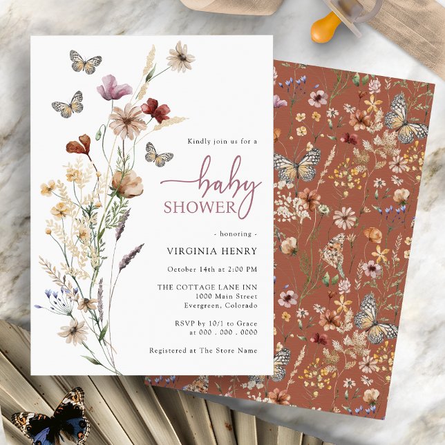 Convite Chá de Bebê Boho Borboleta Flor Silvestre (Terracotta Butterfly Boho Wildflower Baby Shower Invitation by Painted Paperie
)
