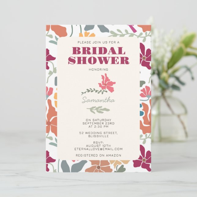 Convite Chá de Bebê Boho Chic Floral Retro Meados do Sécul (Em pé/Frente)