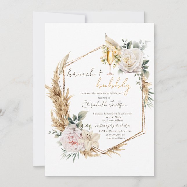 Convite Chá de Bebê Boho com Flores de Pampas e Espumante (Frente)
