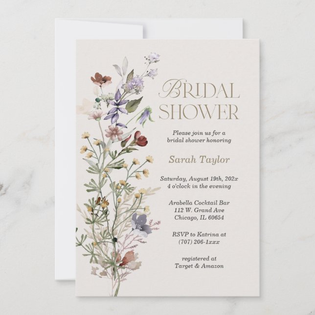 Convite Chá de Bebê Boho com Flores Silvestres em Aquarela (Frente)