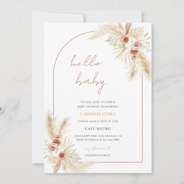 Convite Chá de Bebê Boho com Grama das Pampas (Frente)