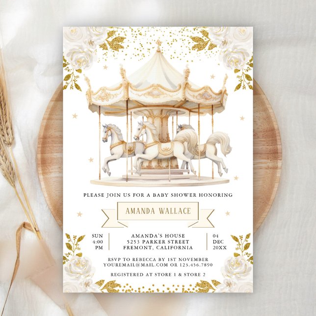 Convite Chá de Bebê Boho Creme Dourado Floral Carousel (Criador carregado)