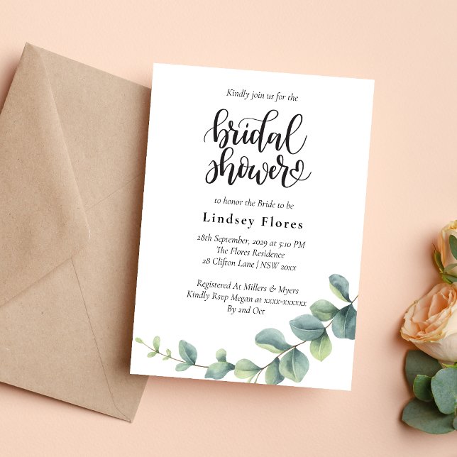 Convite Chá de Bebê Boho de Eucalipto Botânico Moderno (Eucalyptus botanical boho bridal shower invitation adds fresh minimalist charm to celebrations)