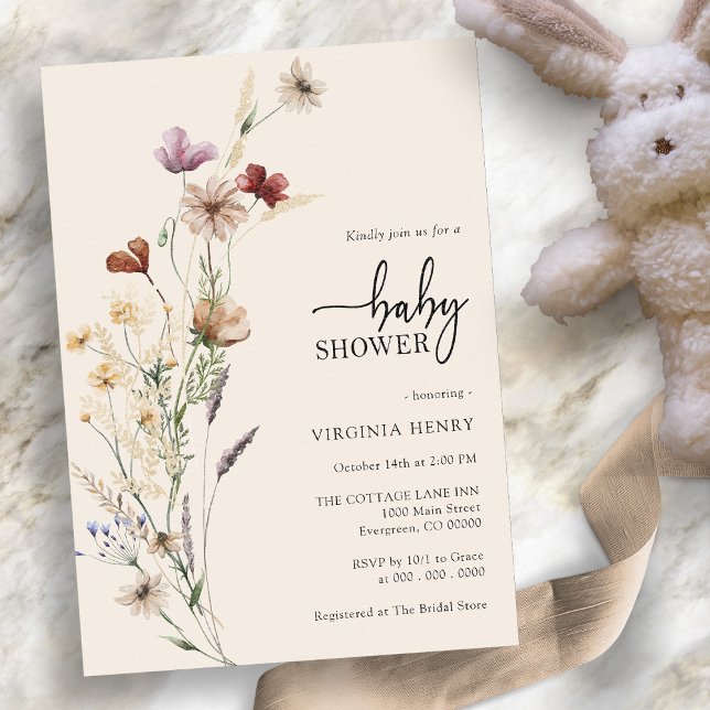 Convite Chá de Bebê Boho de Flores Silvestres (Elegant Wildflower Boho Baby Shower Invitation by Painted Paperie
)