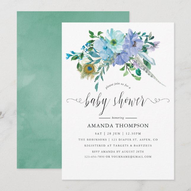 Convite Chá de Bebê Boho em Aquarela Azul e Hortelã (Frente/Verso)