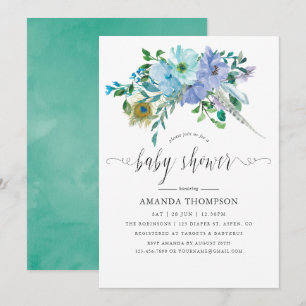 Convite Chá de Bebê Boho em Aquarela Azul e Hortelã