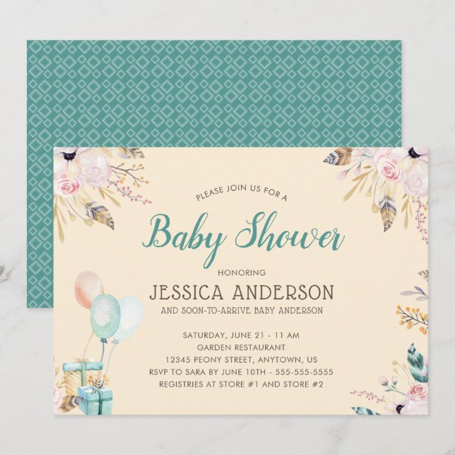 Convite Chá de Bebê Boho em Aquarela Elegante (Frente/Verso)