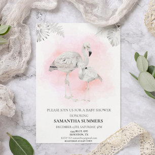 Convite Chá de Bebê Boho Flamingo Branco Tropical 