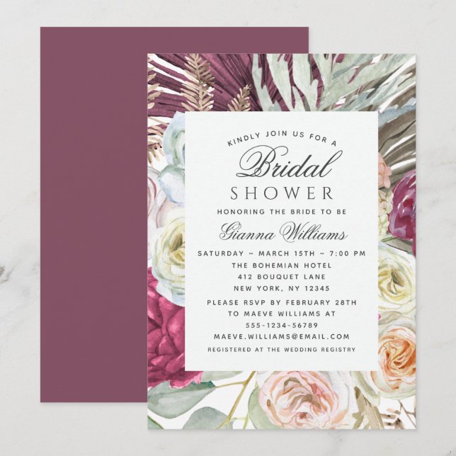Convite Chá de Bebê Boho Floral de Aquarela Elegante (Frente/Verso)