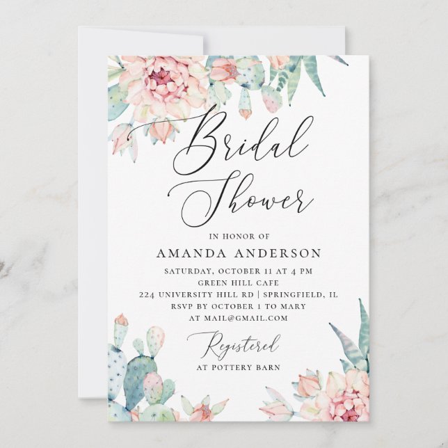 Convite Chá de Bebê Boho | Floral de Cacto em Aquarela (Frente)