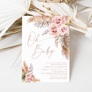 Convite Chá de Bebê Boho Floral Pampas Dourado Rosa