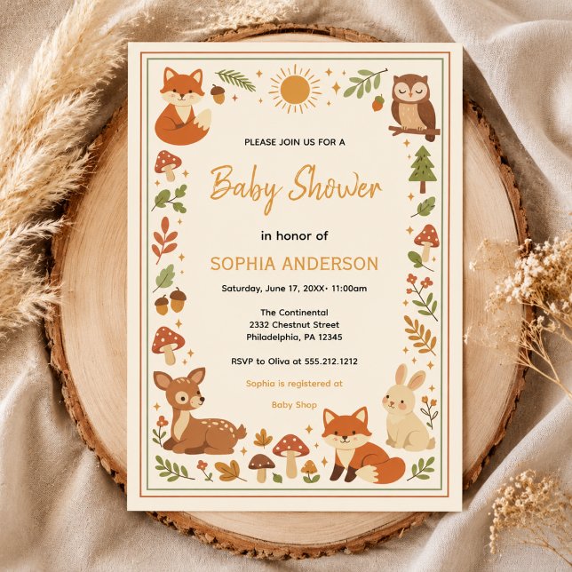 Convite Chá de Bebê Boho Floresta | Animais da Floresta Rú (Boho Woodland Baby Shower | Rustic Forest Animals Invitation)