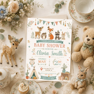 Convite Chá de Bebê Boho Floresta Animais Tribais da Flore