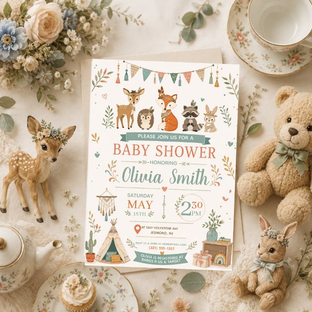 Convite Chá de Bebê Boho Floresta Animais Tribais da Flore (Criador carregado)