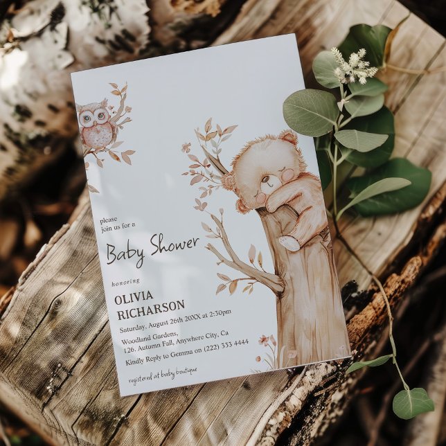 Convite Chá de Bebê Boho Floresta Urso & Árvore (Criador carregado)