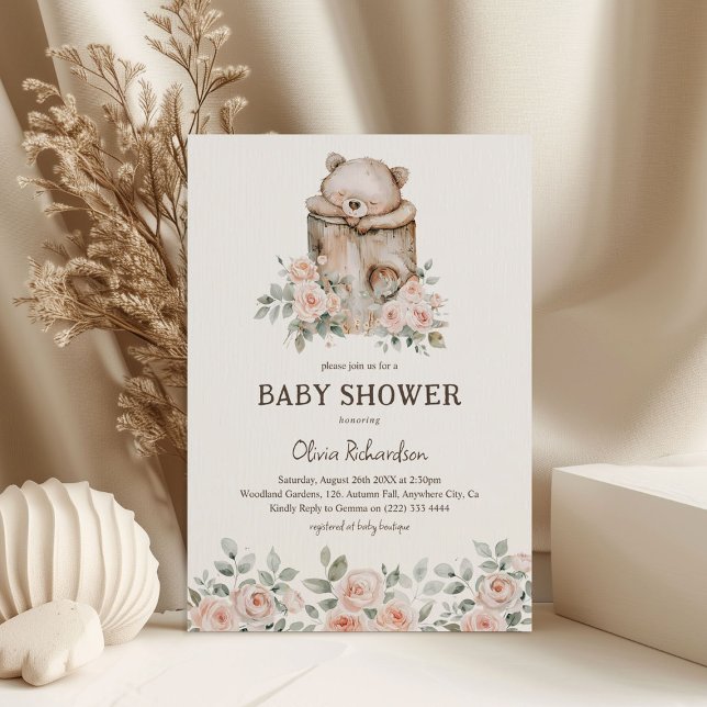 Convite Chá de Bebê Boho Floresta Urso & Floral (Criador carregado)