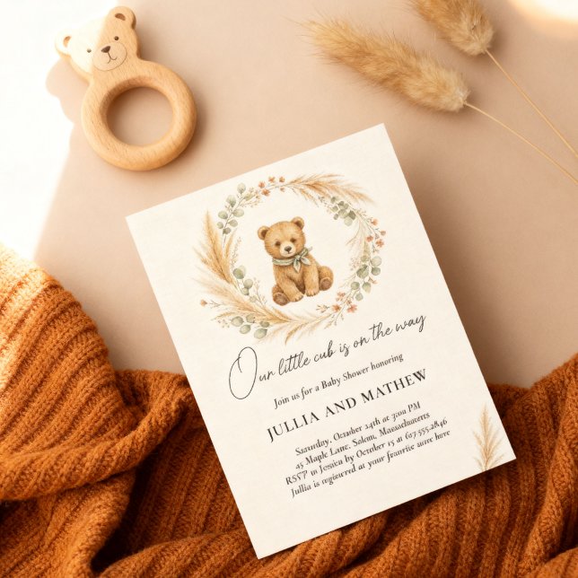 Convite Chá de Bebê Boho Floresta Urso Sage Terracota (Criador carregado)