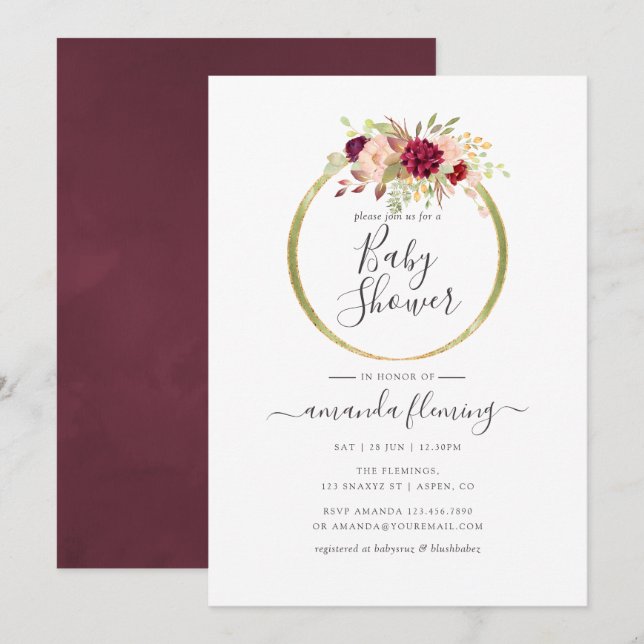 Convite Chá de Bebê Boho Geométrico Burgundy e Blush (Frente/Verso)