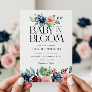 Convite Chá de Bebê Boho Navy Rosa Floral Bebê em Flor
