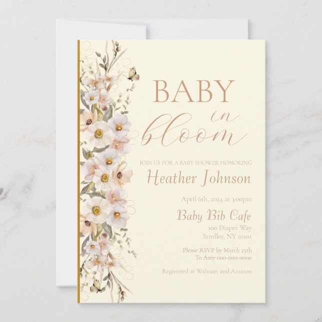 Convite Chá de Bebê Boho Neutro Baby In Bloom (Frente)