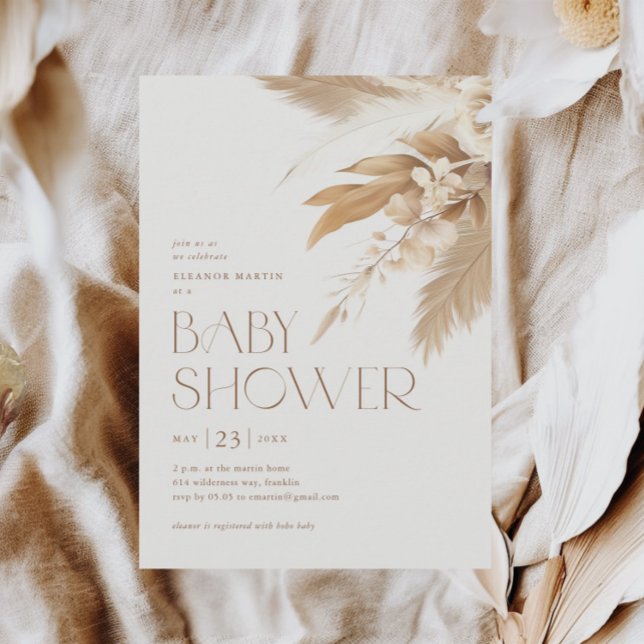 Convite Chá de Bebê Boho Neutro com Grama das Pampas (Pampas Grass Elegant Boho Baby Shower Invitations.)