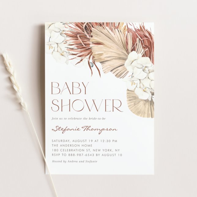 Convite Chá de Bebê Boho Orchids e Folhas de Palmeira Seca (Criador carregado)