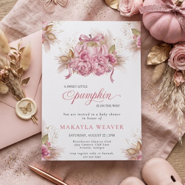 Convite Chá de Bebê Boho Pequena Abóbora Floral Rosa (Criador carregado)