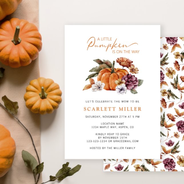 Convite Chá de Bebê Boho Pumpkin (A Little Pumpkin Is On The Way Baby Shower Invitation Fall Autumn Watercolor Floral)