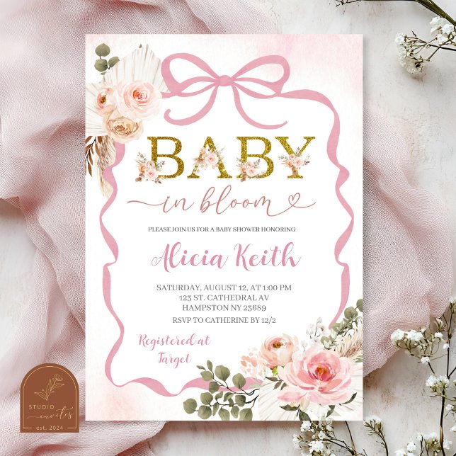Convite Chá de Bebê Boho Rosa Pampas Grass Baby i (Criador carregado)