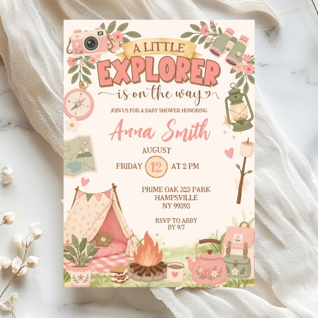 Convite Chá de Bebê Boho Rosa Pequeno Explorador a Caminho (Criador carregado)