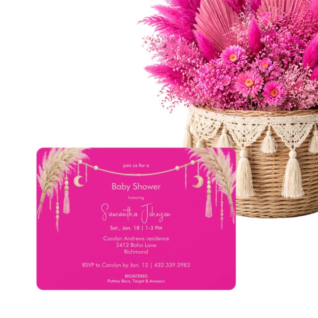 Convite Chá de Bebê Boho Rosa Quente Pampas (Criador carregado)