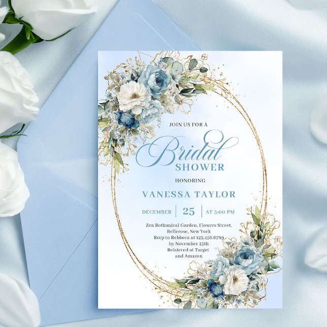 Convite Chá de Bebê Boho Soft Blue Floral Verde Casamento (Soft Dusty Blue Floral Greenery Bridal Shower Invitation)
