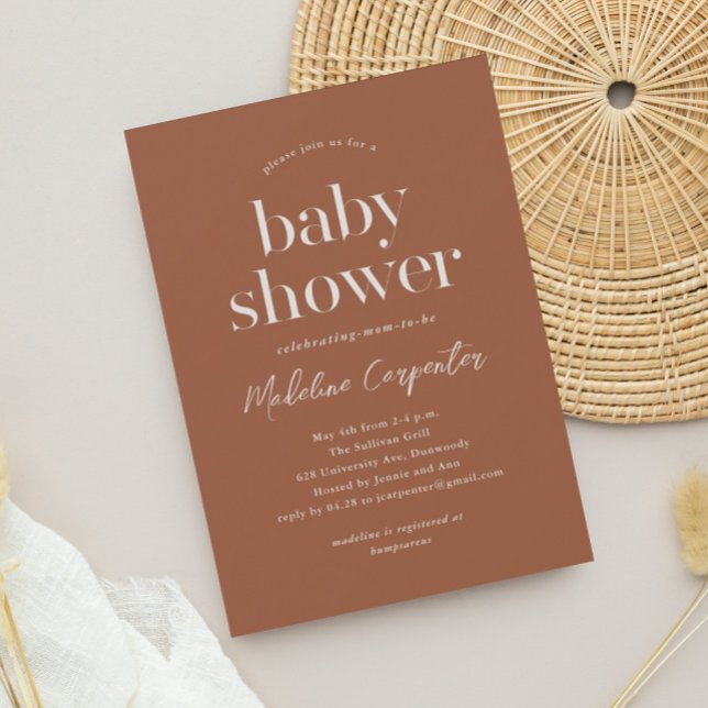 Convite Chá de Bebê Boho Terracota Tipo Moderno (Simple type terracotta boho baby shower invitation.)
