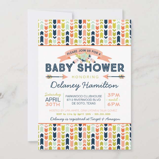 Convite Chá de Bebê Boho Tribal Floral e Flechas (Frente)