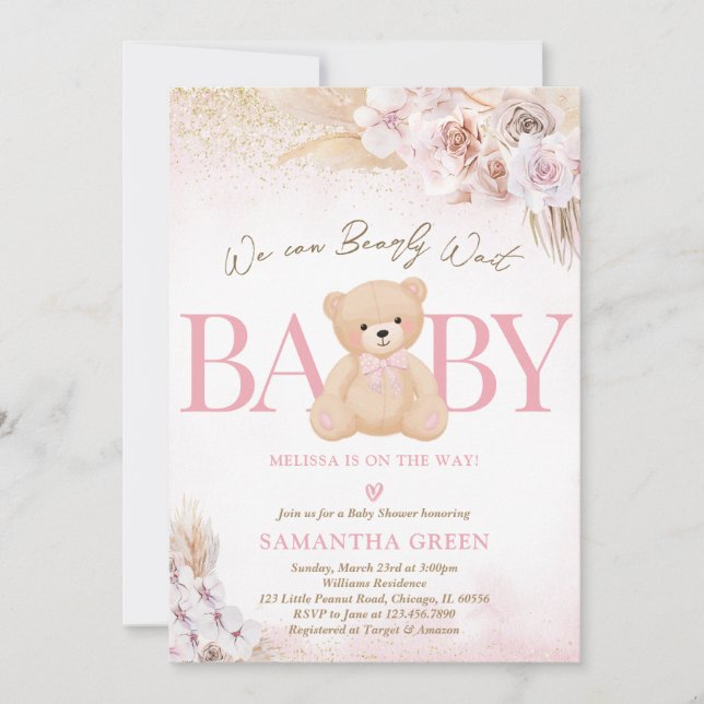 Convite Chá de Bebê Boho Ursa Menina Rosa (Frente)