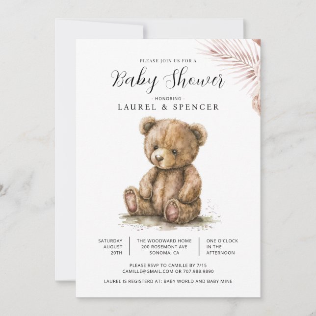 Convite Chá de Bebê Boho Urso de Pelúcia (Frente)