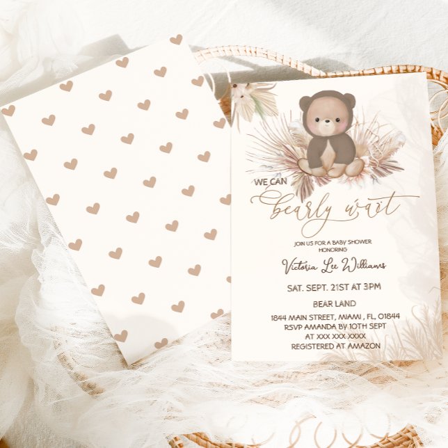 Convite Chá de Bebê Boho Urso de Pelúcia Marrom Pampas (Criador carregado)