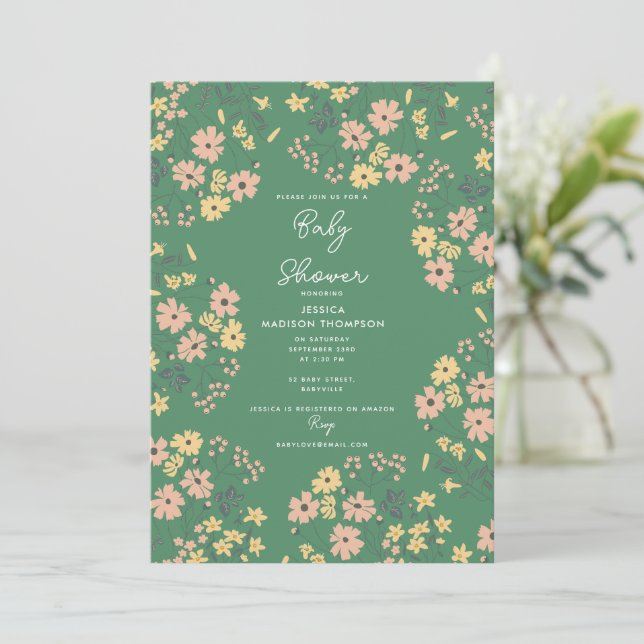 Convite Chá de Bebê Boho Verde Floral Neutro em Gênero (Em pé/Frente)