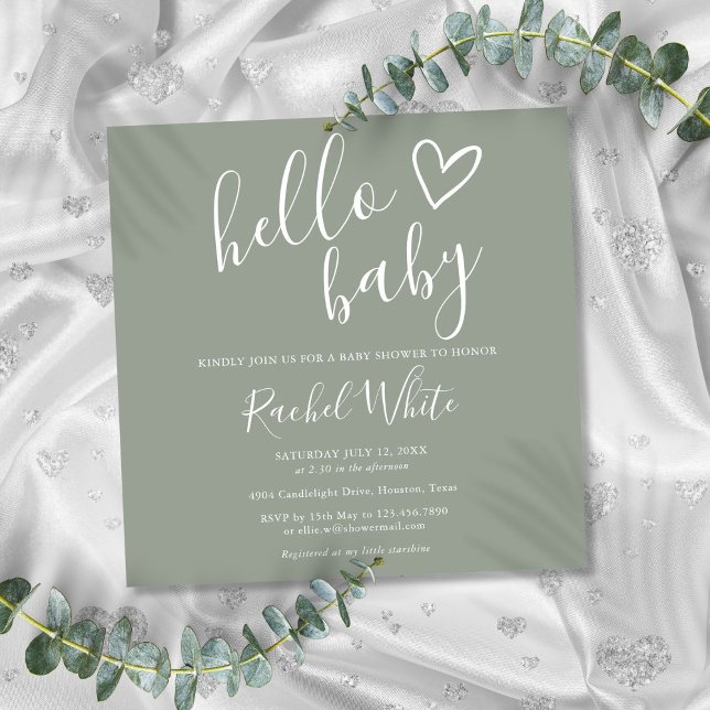 Convite Chá de Bebê Boho Verde Oliva Neutro em Gênero (Gender Neutral Boho Sage Green Hello Baby Shower Invitation)